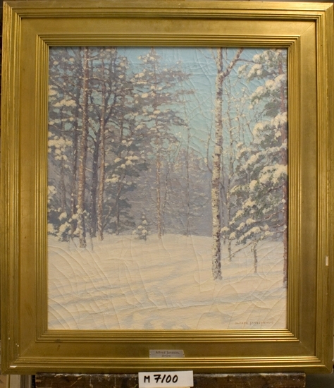 Oljemålning på duk.
Föreställande vinterlandskap med snöhöljda träd och 
klarblå himmel.