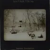 Vintervy från Skansen. I förgrunden en ren som drar en ackja med en kvinna iklädd samisk dräkt, i bakgrunden Bredablick.