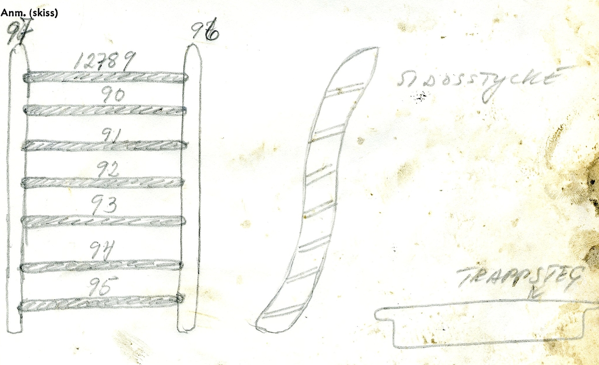 Trappsteg till lejdare. Urtag i ändarna som är fästade vid två vanger med tre skruvar vardera. Trappsteget smalnar av på mitten. Tre genomgående hål varav två är borrade.