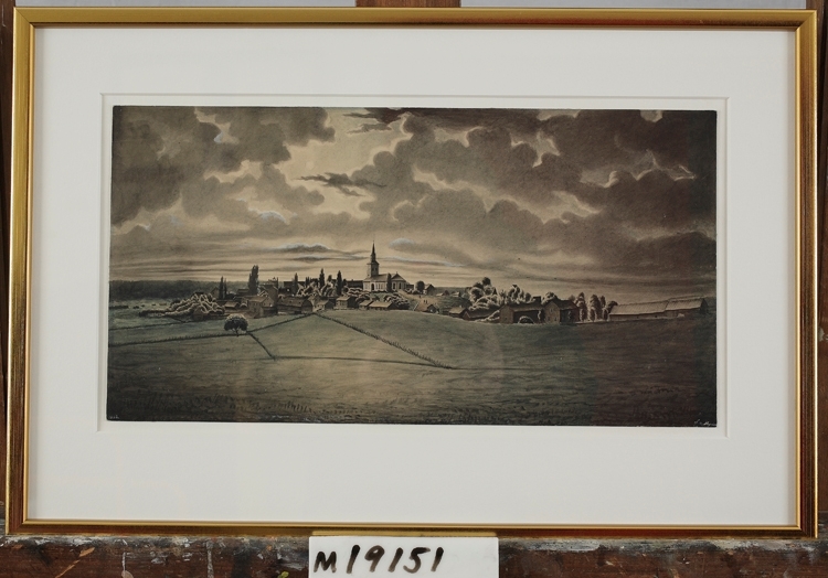 Akvarellmålning. 
Ljungby från nordost.
Grå-brun-svart färgskala.