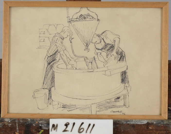 Tuschteckning.
Glasbruksarbetare vid färgkar.