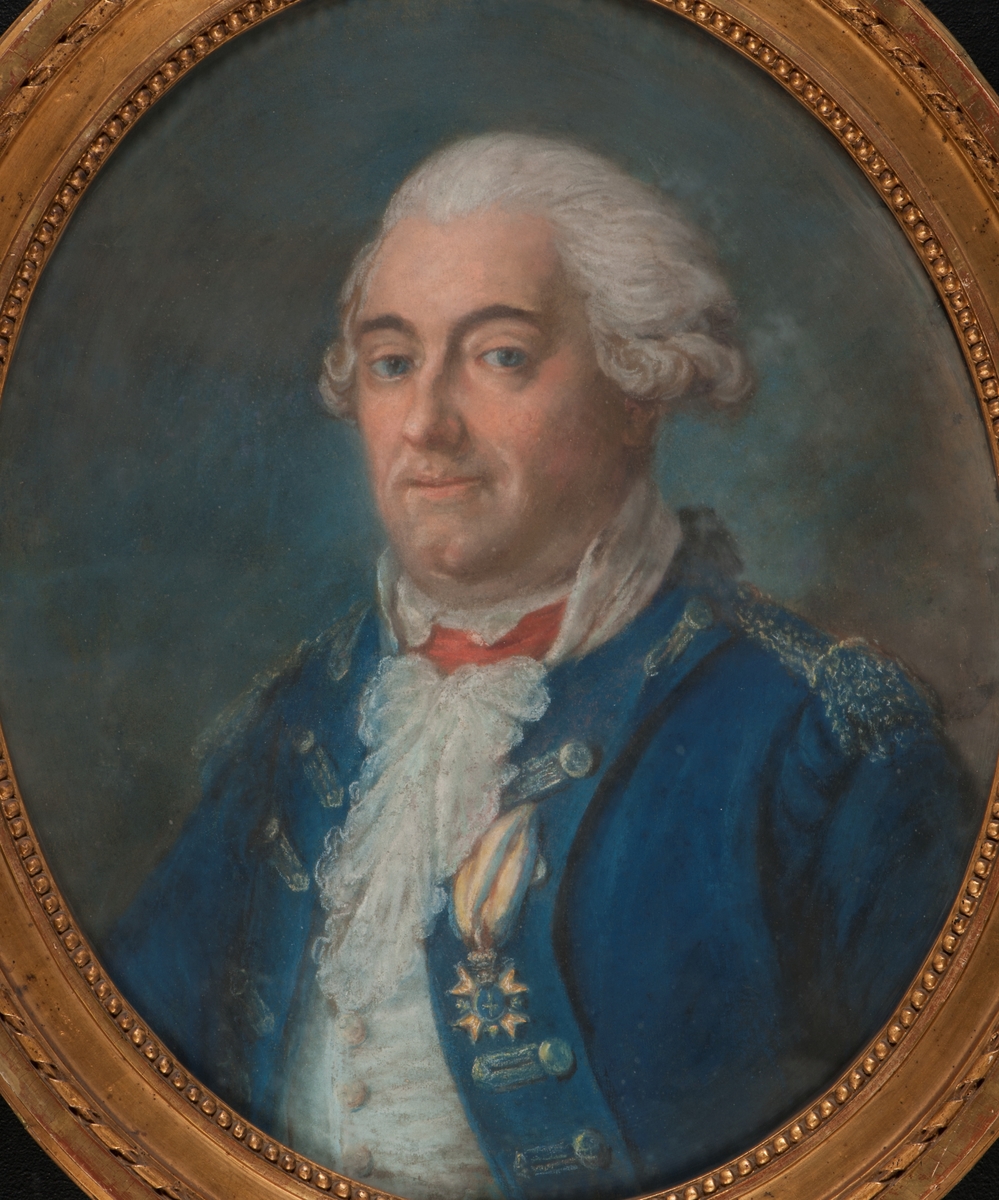 Föreställer viceamiralen friherre Johan von Rajalin (1715-1786) utförd av Gustaf Lundberg (1695-1786). Midjebild, face åt vänster i blå uniformsrock med Svärdsordens riddartecken. Oval, förgylld, originalram, bredd 7 cm, dagöppning 51 x 63 cm.