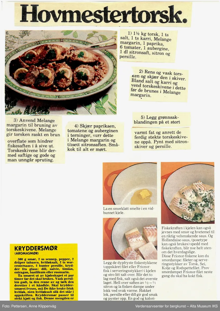 Samling av matoppskrifter klippet fra ukeblad.
Perm med plastlommer. 
Motiv: dampende gryte.