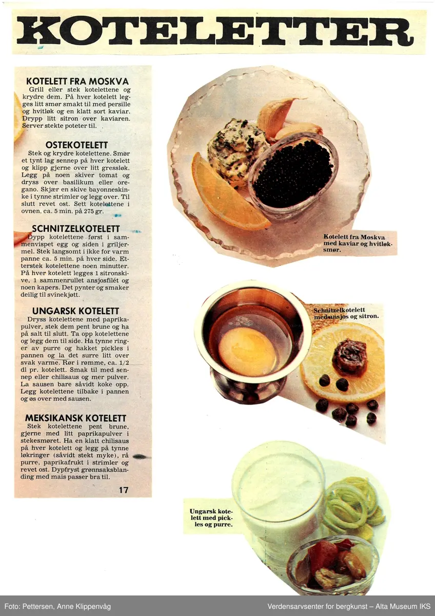Samling av matoppskrifter klippet fra ukeblad.
Perm med plastlommer. 
Motiv: dampende gryte.