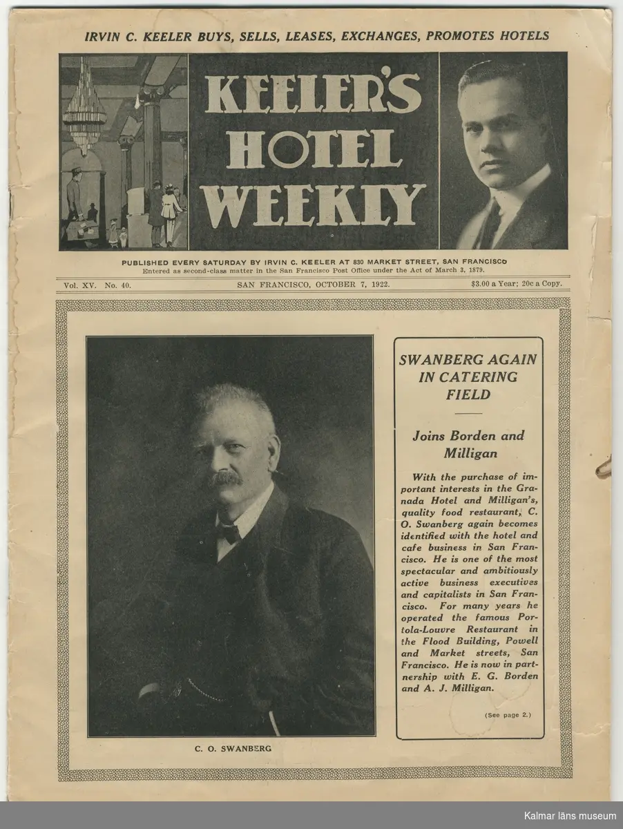 KLM45787:7:1-8  Arkivalier. :1 tidningsartikel om C O Svanberg i Kristianstadsbladet 19 juni 1954. :2 tidningsartikel på engelska i tidningen Keeler´s Hotel Weekly 7 oktober 1922. :3 biografiskt manuskript om C O Svanberg skrivet av dotterdottern Alva Holmquist-Nissen i februari 1963 med hjälp av skriftliga källor och modern Louisas minnen. : 4 ett par kopierade sidor ur okänd bok som handlar om C O Svanberg. : 5 vykort föreställande Hilda af Kalmar som C O Svanbergs far C F Svanberg var kapten för. Kortet är skickat till Fru Olle Holmquist 1979. :6 tidningsartikel om 91 åringen CO Svanberg. :7 nekrolog för Carl Olof Svanberg. :8 artikel ur Barometern 9/2 1981 om Skansen i Kalmar med kopplingar till Olle Holmquist, Svartingstorp och C O Svanberg.