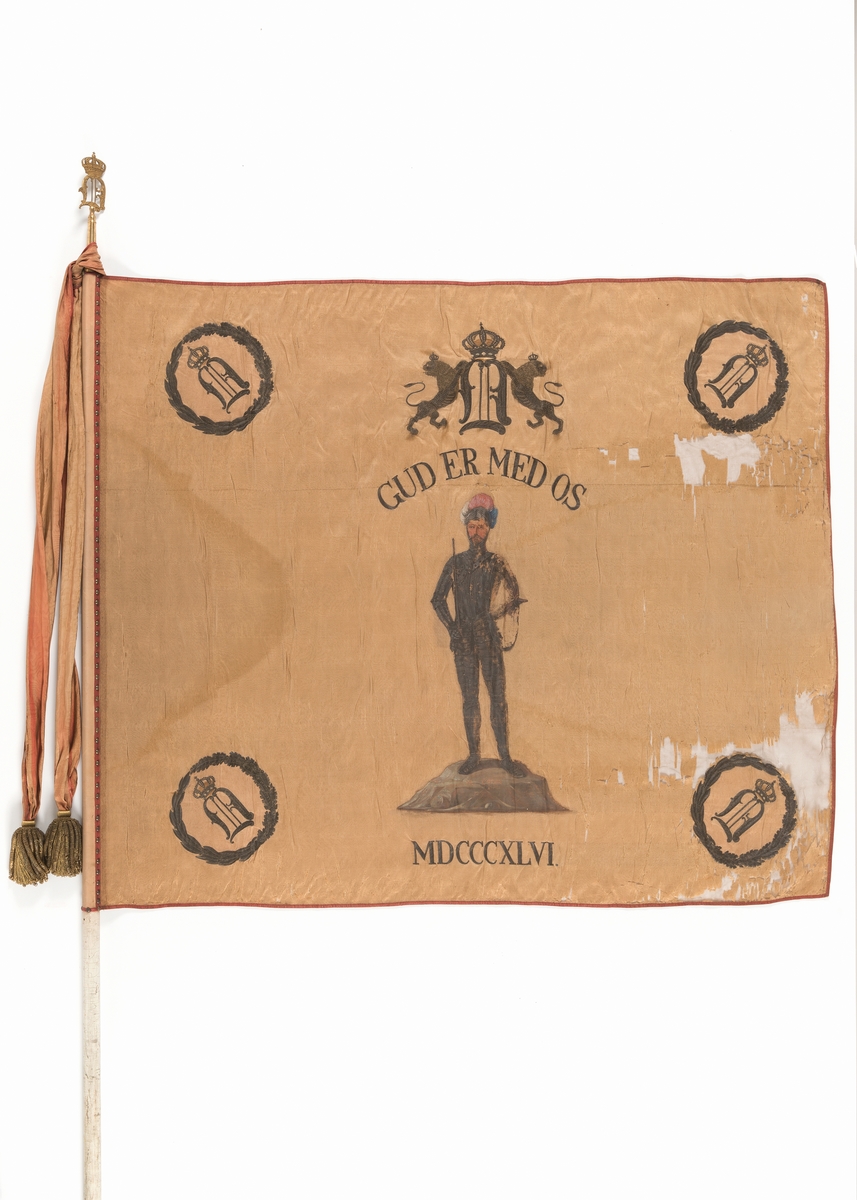 Fane montert på hvitmalt trestang med 62 stifter. Toppspyd i ant. messing med monogram og kongekrone som dekor. Bardunsnor av silkebånd med to messingdusker, knytt til toppen av stanga. Faneduk i beige silke med vevde røde bånd langs kantene. Malt midtmotiv inspirert av Haldens byvåpen: mann med bart og hakeskjegg i rustning. Fjærpyntet hjelm i hvitt, rødt og blått. Skjold i venstre hånd og sverd i høyre hånd. Står støtt på et fjell. Brodert tekst og dekor i hjørnene. Tekst over midtmotiv: GUD ER MED OS. Monogram med en riksøve på hver side over teksten. Romertall under midtmotiv: MDCCCXLVI. Brodert dekor i hjørnene: krans av laurbærblad og eik med monogram inni.