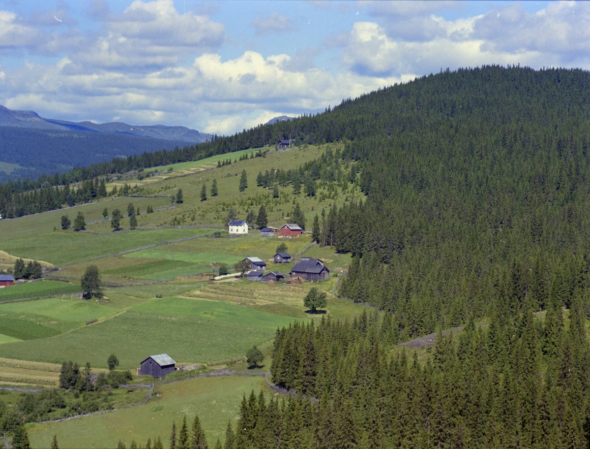 Østre Gausdal, fra Rødumsbygda. Nærmeste gården er Blesum eller Blessum. Den som ligger rett ovenfor er Hauglund. På toppen lengre bort er Gamle Hesjehagen eller Hesjehågån.