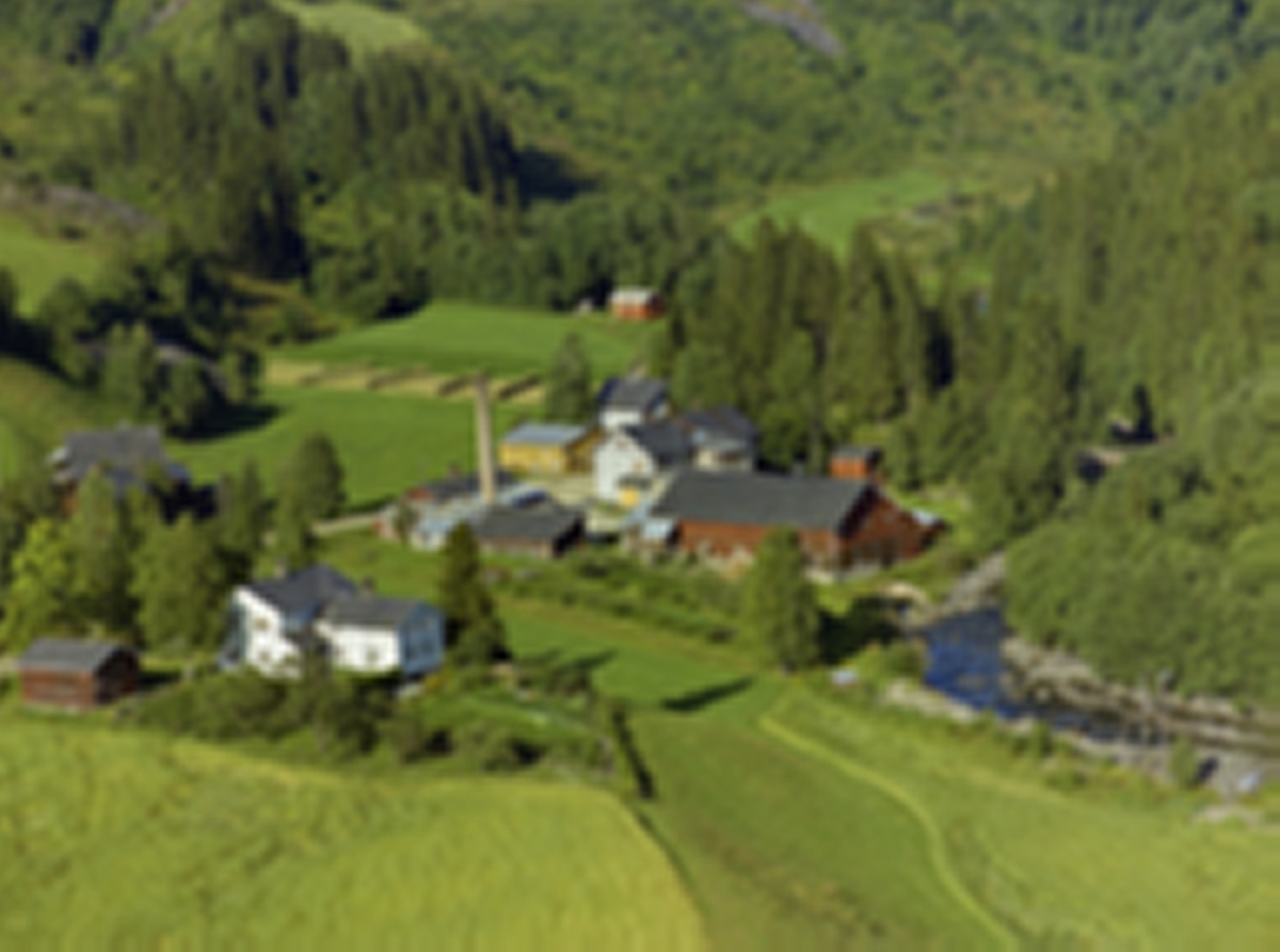 Landhandleri, Gardsbruk, Frøysesetra. Bruvang. Østre Gausdal.(Tidligere ysteri) Hvitt hus med hage og flaggstang i forgrunn samt kornåker. Lave lagerbygninger med høy pipe, stor rød lagerbygning, landhandleri i stor. toetasjes bygning. Mindre gul bygning i midten med hesjer på jorde i bakgrunnen. Flekkevis skog og Gausa til høyre.