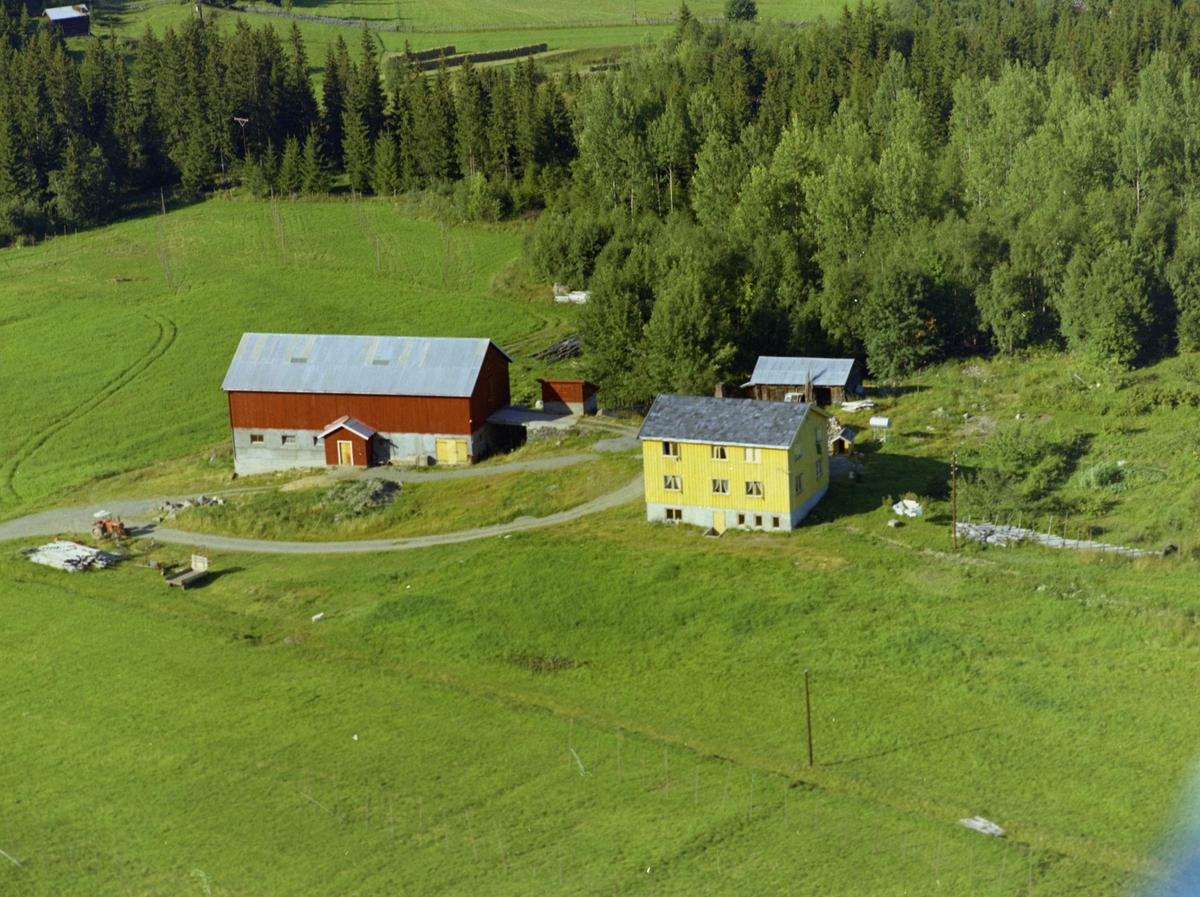 Småbruk. Storhaugen, Østre Gausdal. Stor, gult våningshus, rød og hvit driftsbygning, lite, rødt uthus, noe større brunt uthus. Vei og traktor i forgrunnen, dyrket mark. I bakgrunen skog og jorde med hesjer.