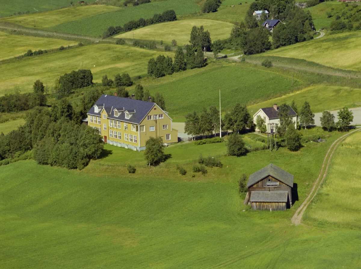 Fjerdrum skole. Stor, gul bygning, også brukt som kommunelokale. Tak-karnapp. Liten gårdsplass, dyrka mark rundt.