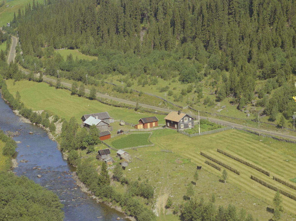 Mosenget. Småbruk, grått en- og halvetasjes grått våningshus med flaggstang og inngjerdet kjøkkenhage. Rødmalt uthus til venstre, 7 diverse uthus, jorde med hersjer, eindommen beliggende ved elven. Bygdevegen bak, og granskog.