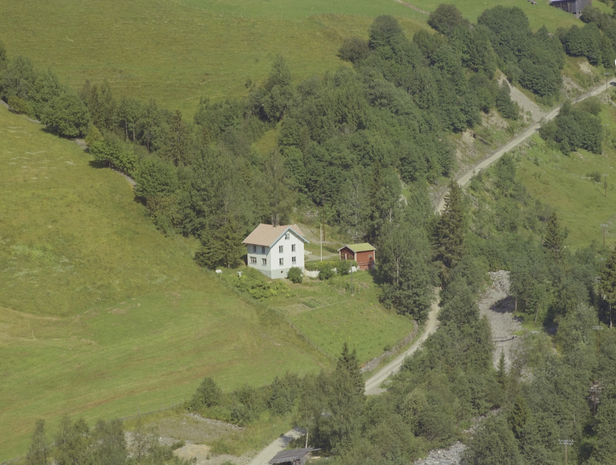 Steinseth. Privathus, etoetasjes, hvitmalt med rødmalt uthus. Stor kjøkkenhage med bærbusker. Hvit flaggstang, bygdevei til høyre, løvskog og dyrket mark rundt.
