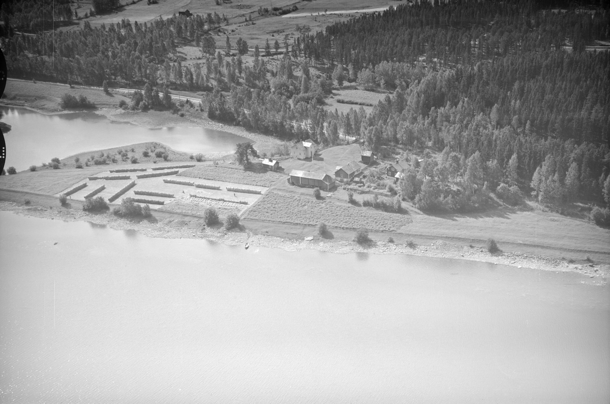 Langlykkja gård, Øyer, 1953, tre våningshus, en mindre driftsbygning, stabbur, diverse uthus, kjøkkenhage, jordbruk, slåttonn, hesjing, blandingsskog, Lågen. Jernbanelinjen for Dovrebanen i bakgrunnen midt i skogen.