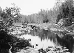 Resterna av bruksdammen med i fonden den raserade dammbyggnaden. Fotografien tagen uppströms.