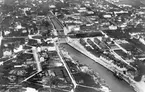 Gävle från flygplan. Vy från inre hamn mot Gävle centrum
