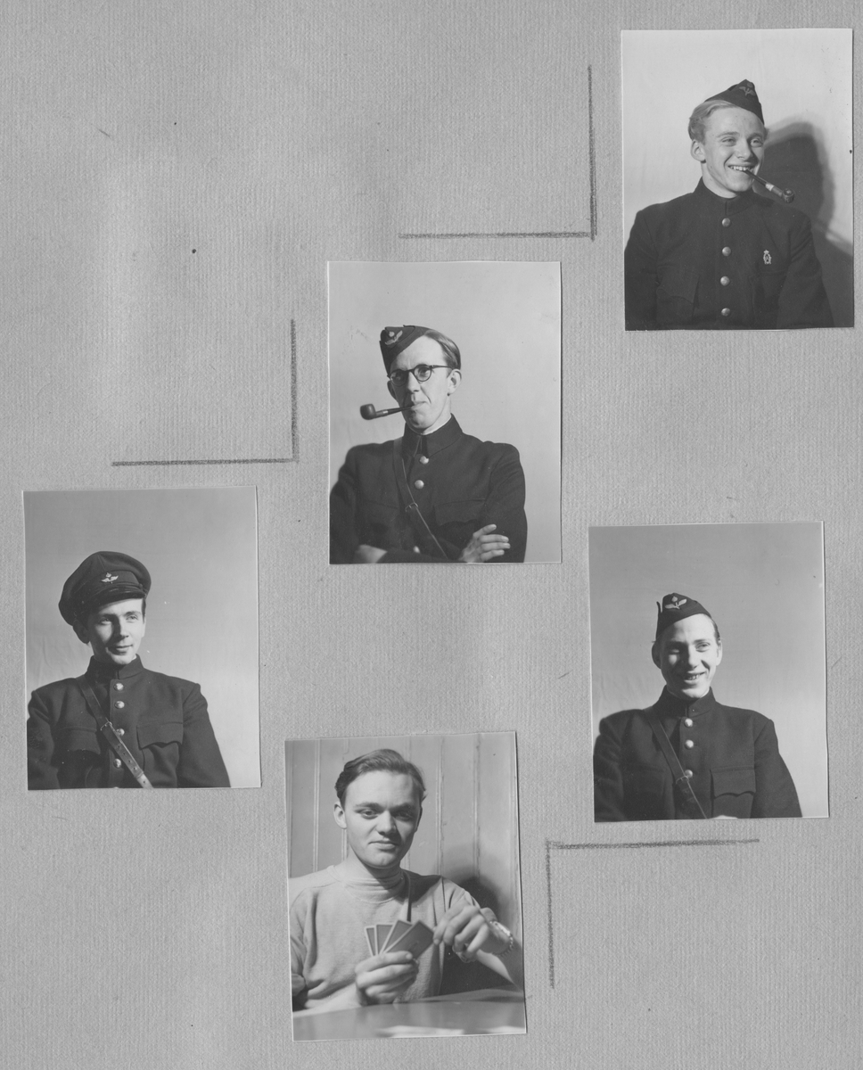 Fotoalbum från värnplikt på F 6 Västgöta flygflottilj under 1940-talet.

14 stycken albumsidor med 36 svartvita fotografier med motiv av flygplan, personal, värnpliktiga, umgänge på logemente och muckarkam.