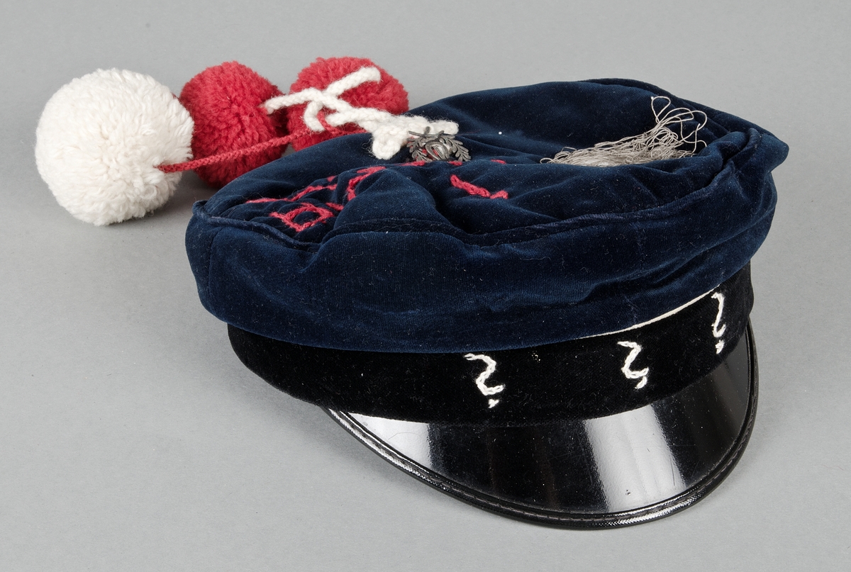 Skolmössa, från sista ring i gymnasiet, av blå sammet med svart sammetsband runt kullen och gul snodd över, skärm av svart lack. Märket med lyra och två lagerkvistar har flyttats bak på mössan och under det är fastsytt tre snoddar med en stor vit  (diam 6 cm) och två mindre (diam 5 cm) runda tofsar av ullgarn. På kullen rund vit applikation och trassel av grå tråd samt broderat med röda kedjestygn: I DIMMA DOLD, på skärmen tre broderade  vita frågetecken av kedjestygn. Invändigt fodrad med ul och blå bomullssatin, plastetikett: Marianne Adolfsson L III:3 Uppsala H.A.L. Brun svettrem.