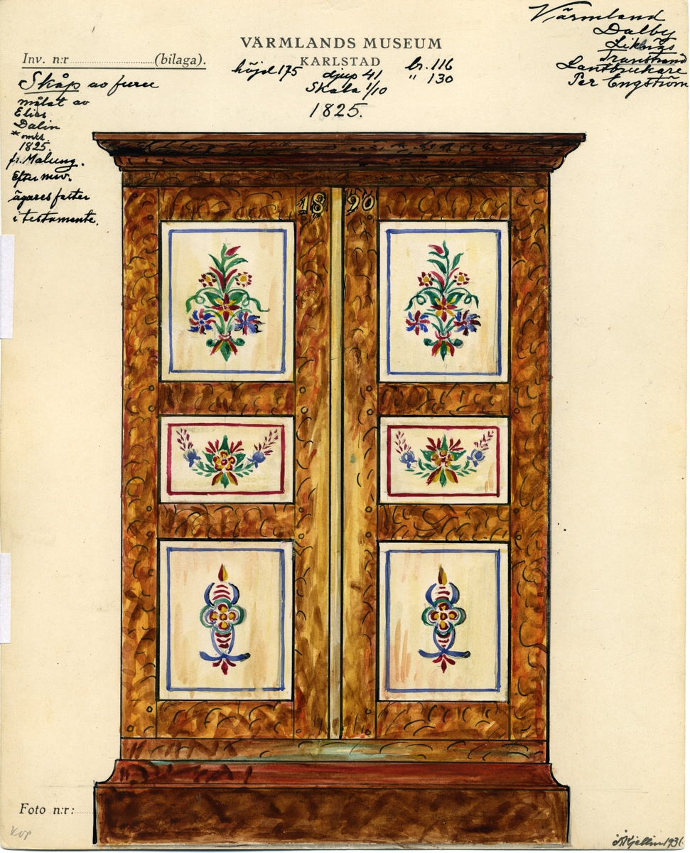 Skåp av furu. Dalby socken.
Akvarell av Sigrid Kjellin.