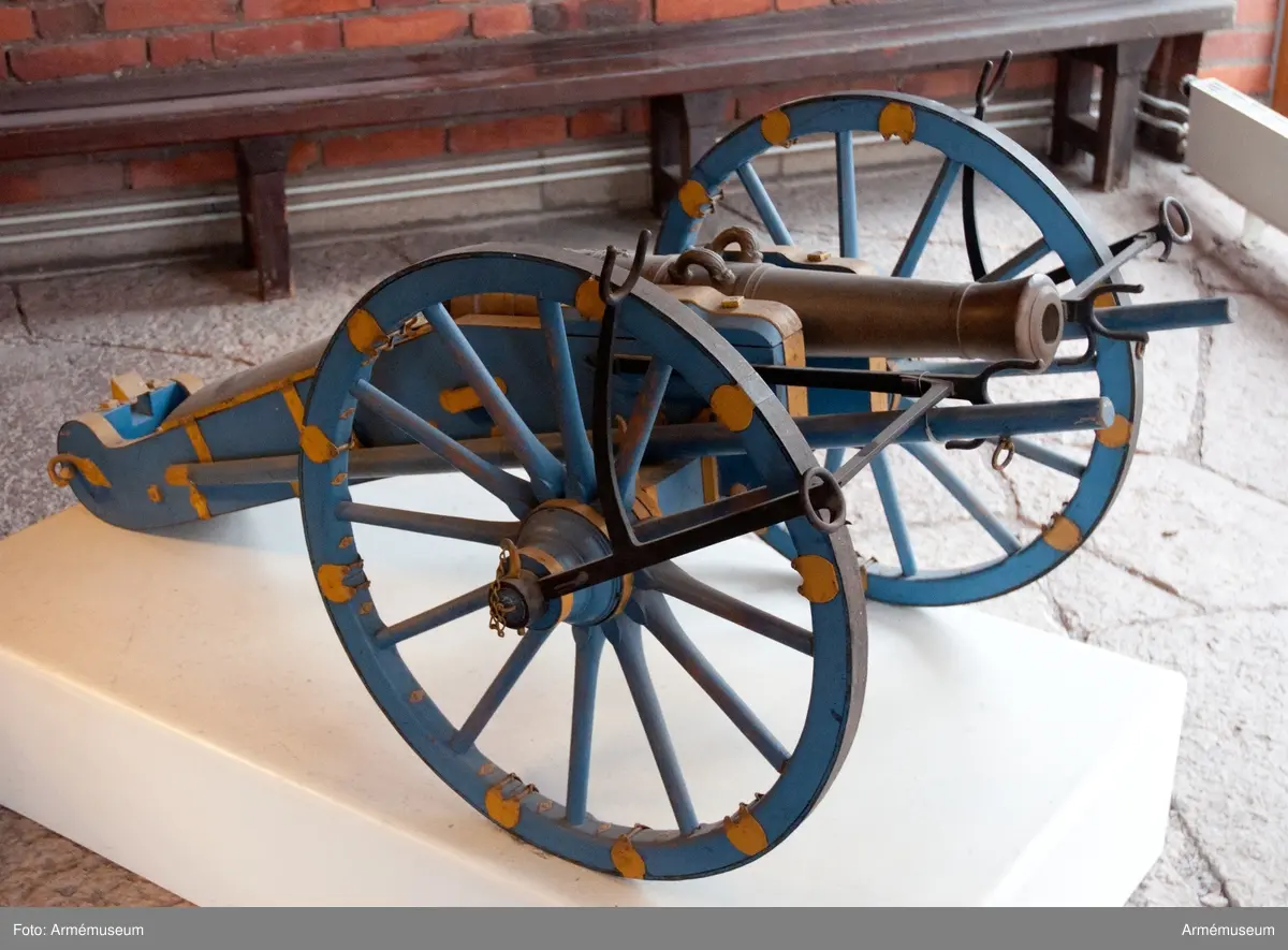 Grupp F I. 
Kapten F A Spaks katalog 1888. 
Försedd med hertig Carls (Carl XIII) krönta, dubbla namnchiffer på kammarstycket.  
Till modellen hör lavett, två anmarschbommar, handspik och två riktkilar. Allt tillverkat senare.