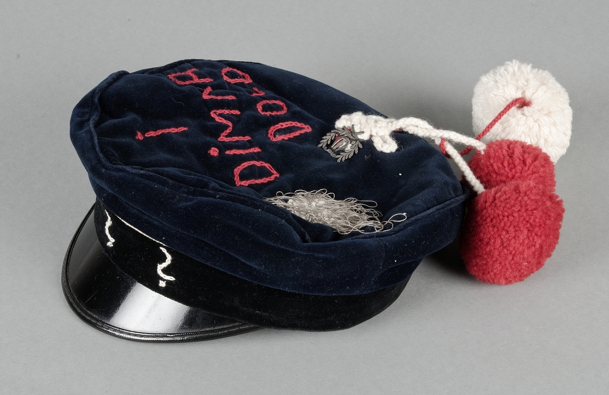 Skolmössa, från sista ring i gymnasiet, av blå sammet med svart sammetsband runt kullen och gul snodd över, skärm av svart lack. Märket med lyra och två lagerkvistar har flyttats bak på mössan och under det är fastsytt tre snoddar med en stor vit  (diam 6 cm) och två mindre (diam 5 cm) runda tofsar av ullgarn. På kullen rund vit applikation och trassel av grå tråd samt broderat med röda kedjestygn: I DIMMA DOLD, på skärmen tre broderade  vita frågetecken av kedjestygn. Invändigt fodrad med ul och blå bomullssatin, plastetikett: Marianne Adolfsson L III:3 Uppsala H.A.L. Brun svettrem.