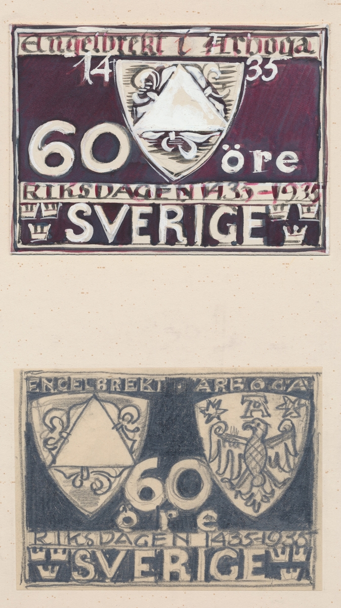 Förlagor från år 1935 som verkar som underlag till frimärket Riksdagen 500 år.