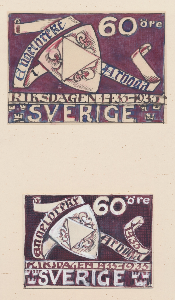 Förlagor från år 1935 som verkar som underlag till frimärket Riksdagen 500 år.