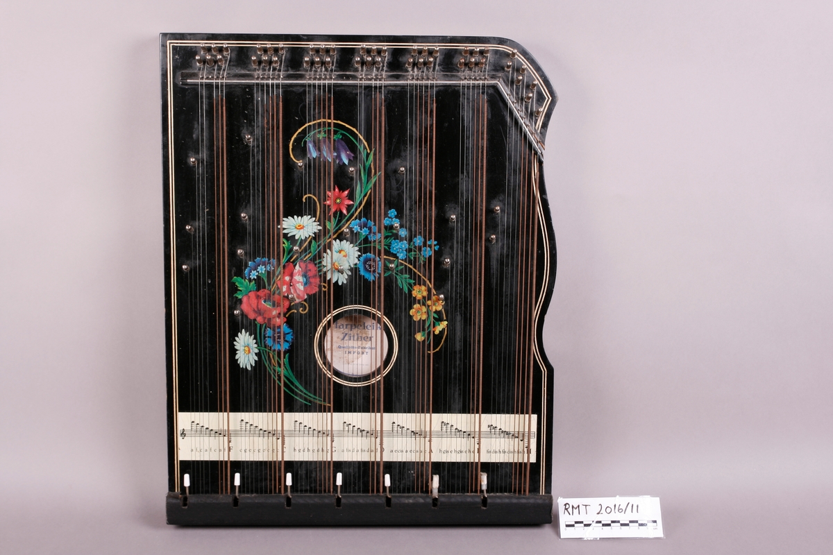 Rektangulær korpus i svartmalt tre. Buet sarg på høyre side, sett forfra. Et anheng er påskrudd nederst på instrumentet, og beskytter strengefestet. Dekor i form av to paralelle linjer går langs ytterkanten på lokket. Stemmestokk og stol i øvre kant. Blomstermotiv på lokket, over lydhullet. Etikett inne i lydhullet; blå bokstaver på hvitt papir. 

Citeren har sju akkorder: F, C, G, D, A, E, H. Totalt 64 strenger. Tersen i hver akkord kan endres ved hjelp av en spake som kan løftes opp. Dermed kan man spille i både dur og moll.