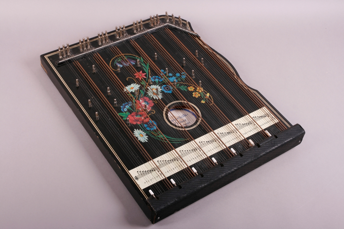 Rektangulær korpus i svartmalt tre. Buet sarg på høyre side, sett forfra. Et anheng er påskrudd nederst på instrumentet, og beskytter strengefestet. Dekor i form av to paralelle linjer går langs ytterkanten på lokket. Stemmestokk og stol i øvre kant. Blomstermotiv på lokket, over lydhullet. Etikett inne i lydhullet; blå bokstaver på hvitt papir. 

Citeren har sju akkorder: F, C, G, D, A, E, H. Totalt 64 strenger. Tersen i hver akkord kan endres ved hjelp av en spake som kan løftes opp. Dermed kan man spille i både dur og moll.