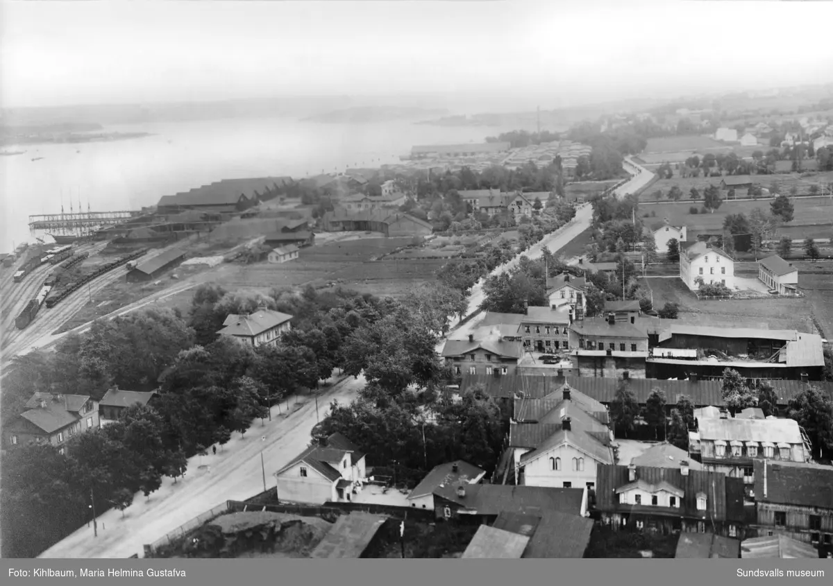 Stadsmon, Landsvägsallén, Mons sågverk. Foto taget från gasverkets skorsten.