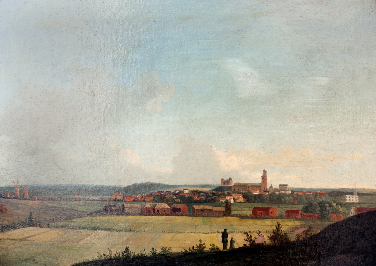 Uppsala från norr. Till vänster i bild skymtas de två kvarnar som gett området Kvarngärdet dess namn.