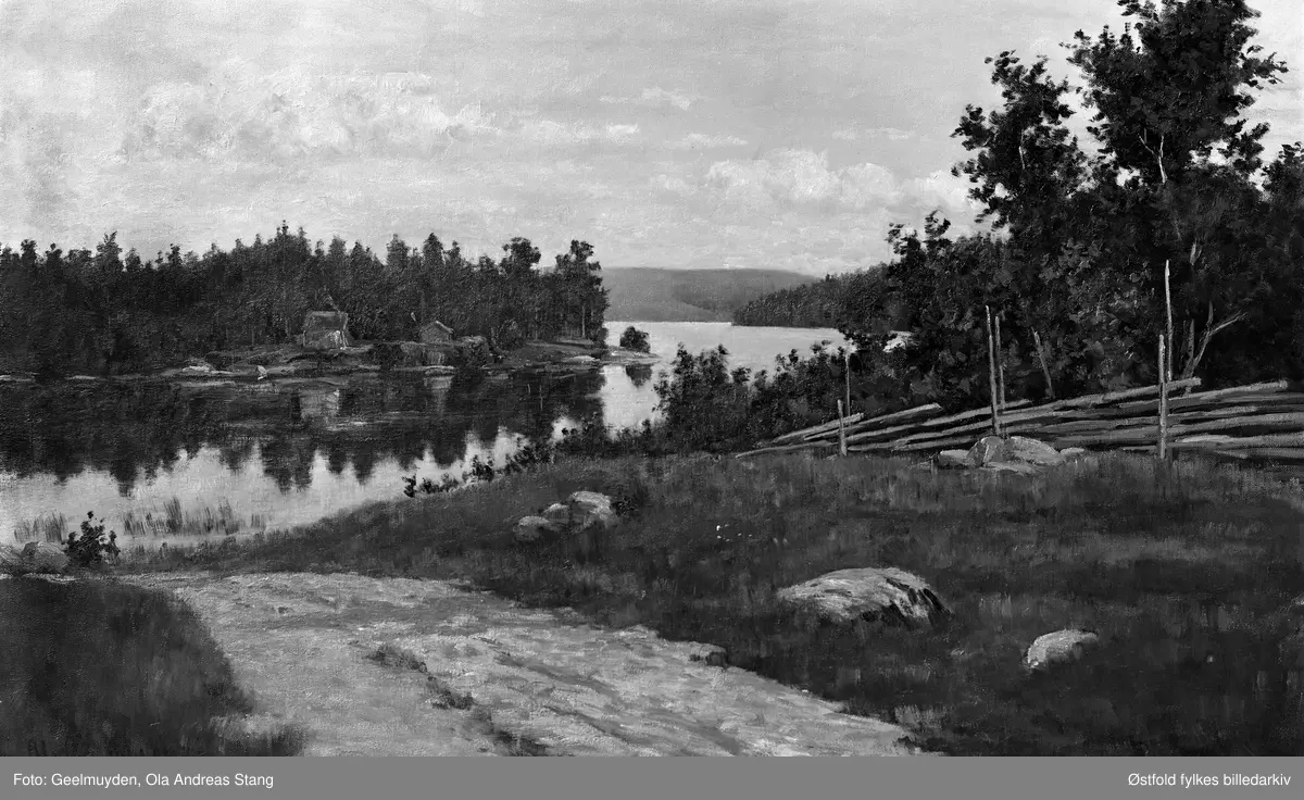 Hagasundet, med Sundstua i Rømskog. Fergemannsbolig ca. 1892. Her ble seinere anlagt ei flytebrygge av torv.
Maleri. Kunstneren har fotografert maleriet, se ØFB.1983-00944B.
