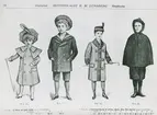 K.M Lundberg Katalog. Fyra olika modeller av barnkläder. Nr 21: Rock av clothfoder och hatt, Nr 22: Sommarkavaj i äkta blå cheviot med clothfoder och hatt, Nr 23: Pälskappa och hatt, Nr 24: Yllecape med kapuschong.