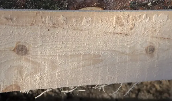 En lys treplanke med et par kvister og tydelige merker etter sag.