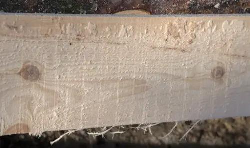 En lys treplanke med et par kvister og tydelige merker etter sag.