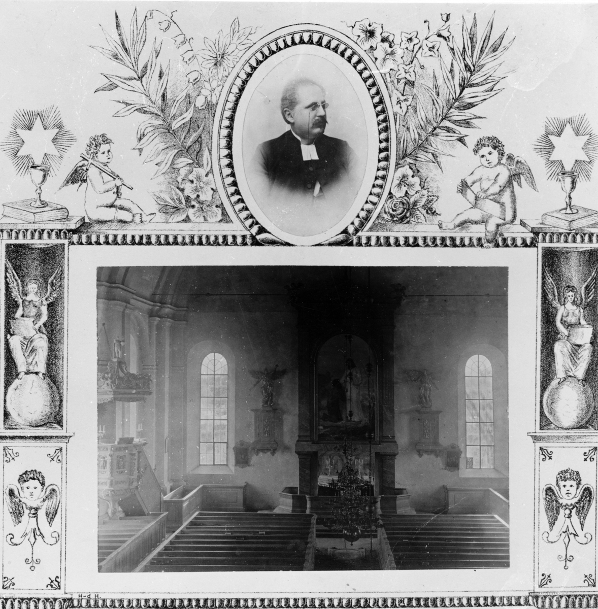 Hedesunda kyrka 1880.
Jakob Isodor Rydberg, kyrkoherde i bland annat Hanebo och Segersta, född 28/11 1851, död 21/9 1927. 
Fonden är olik den nuvarande. Dåvarande altartavlan målad av proffessor Vinge och föreställer en scen från Genesarets sjö: "Simon, älskar du mig". De nu borttagna värmekaminerna fanns stående i hörnen dolda av en två meter hög trävägg rakt över kyrkan. Fotografen kom från Norrköping.