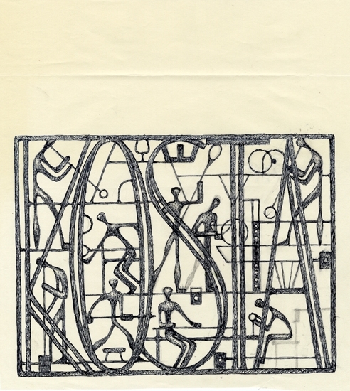 Tryck efter tuschteckning.
Skissförslag till genombruten skylt ( i smide ?) med en mängd glasarbetare i arbete 
och texten: "KOSTA" inkomponerad.