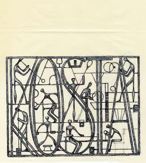 Tryck efter tuschteckning.
Skissförslag till genombruten skylt ( i smide ?) med en mängd glasarbetare i arbete 
och texten: "KOSTA" inkomponerad.