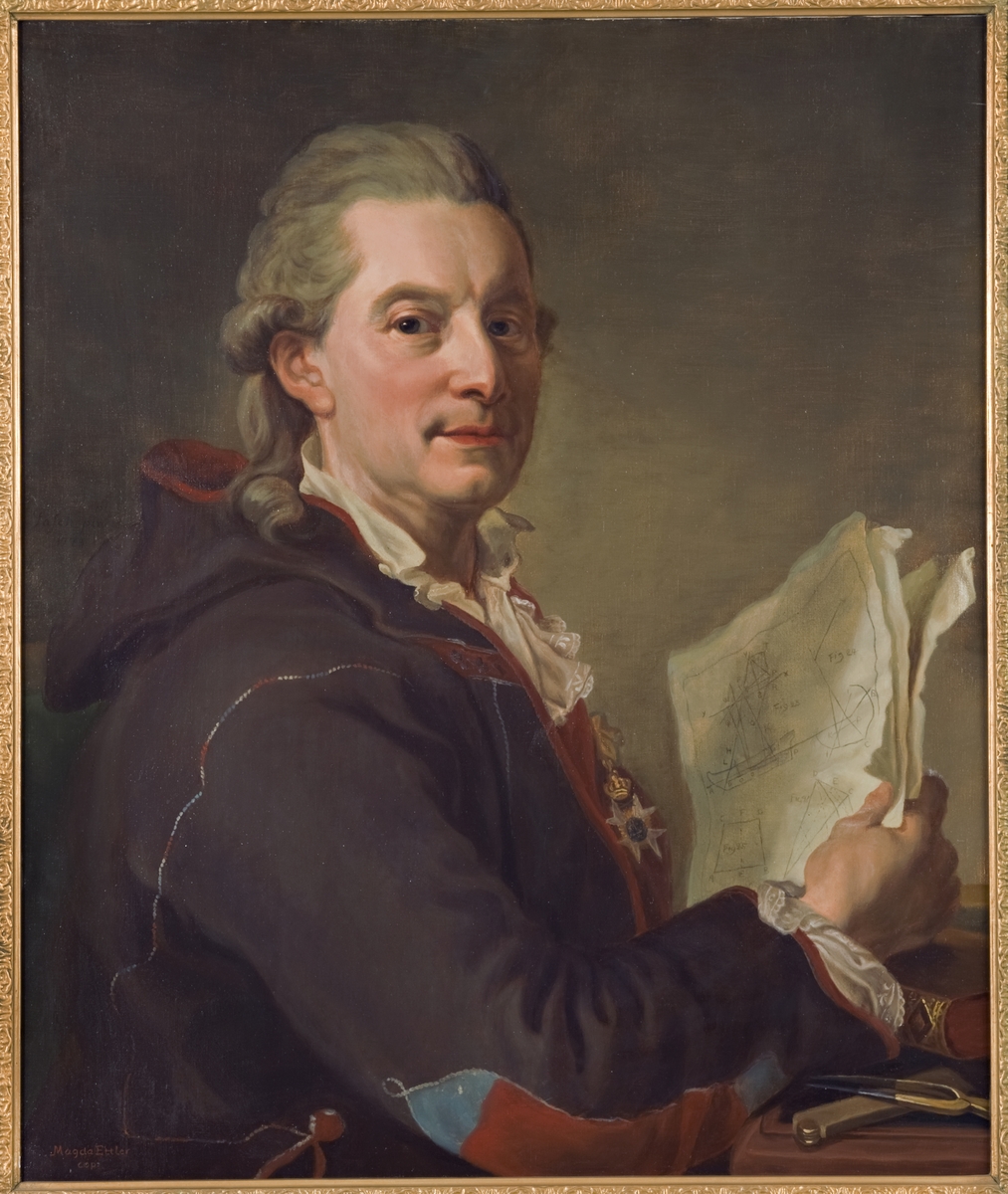 Kopia efter Lorentz Pasch d.y. 1778, originalet tillhör Nationalmuseum, hänger på Gripsholm.
Midjebild halv enface, höger sida. Lockigt gråsprängt hår. I högra handen tre papper med fartygsritningar. Mörkbrun rock med rödblå garneringar.
Duk i kilram, förgylld ram.