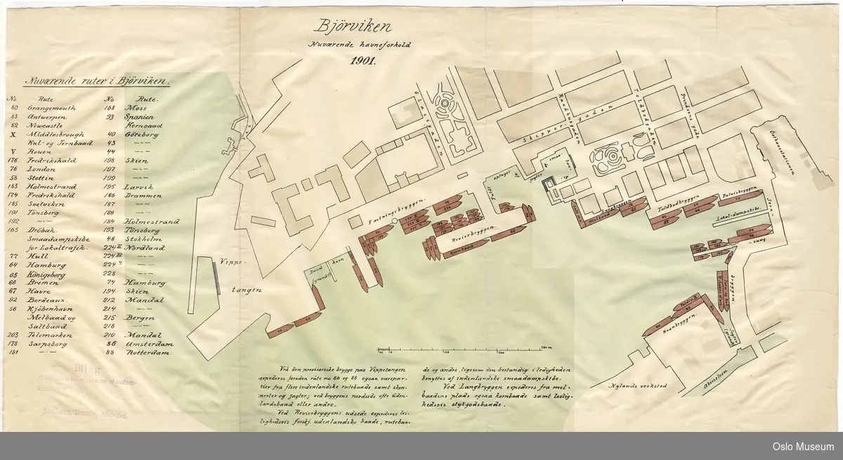 Tritschlers bastion - Karl Johans gate - Vippetangen - Akerselven. Grått: bygninger, brunt: skip, blått: vann. Angivelse over nuværende ruter i Bjørvike. Forslag til forandring av forholdene.