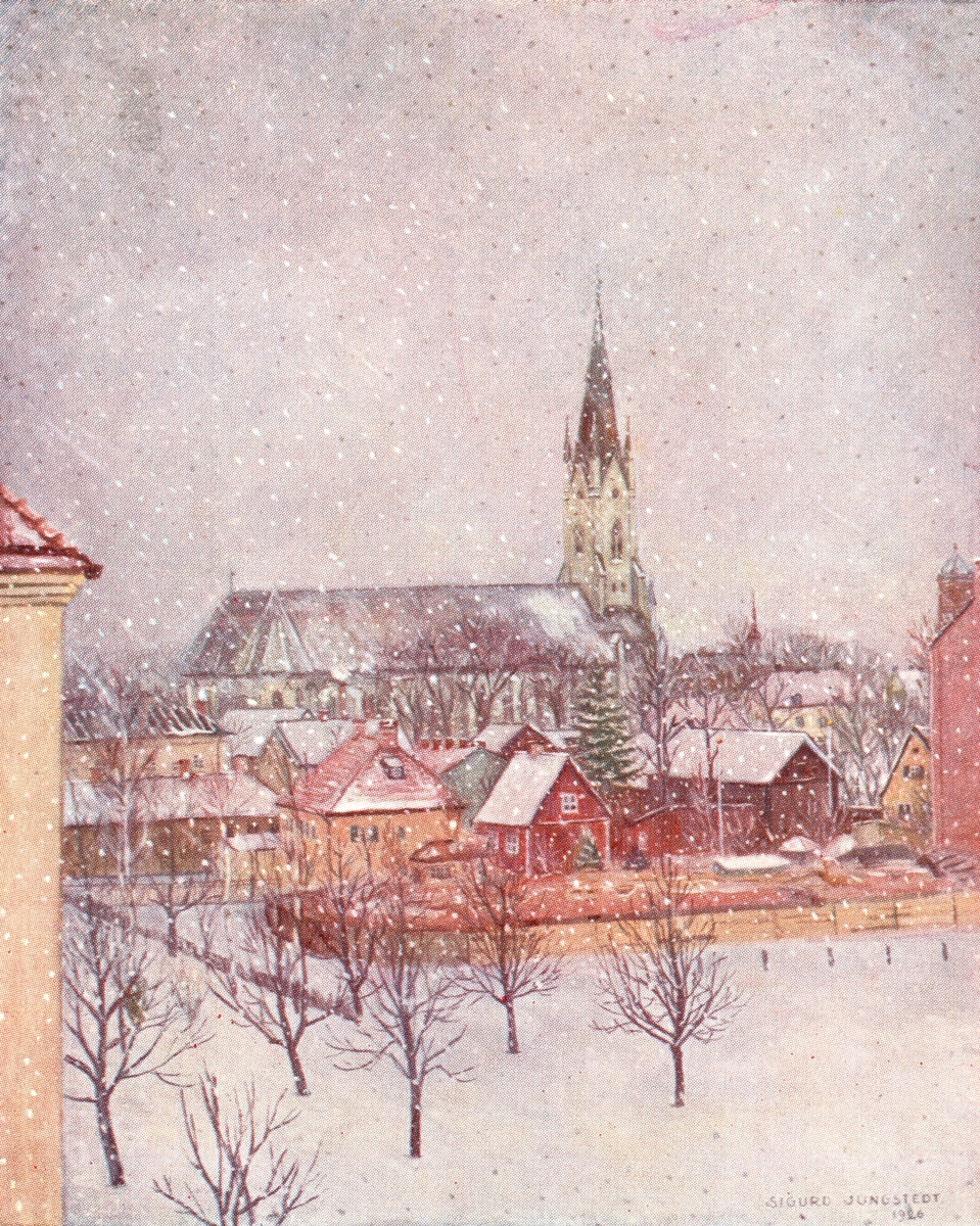 Orig. text: Vinterbild från Linköping jan. 1926. Efter oljemålning av Sigurd Jungstedt.

Vy över Linköping med domkyrkan sedd mot sydost.