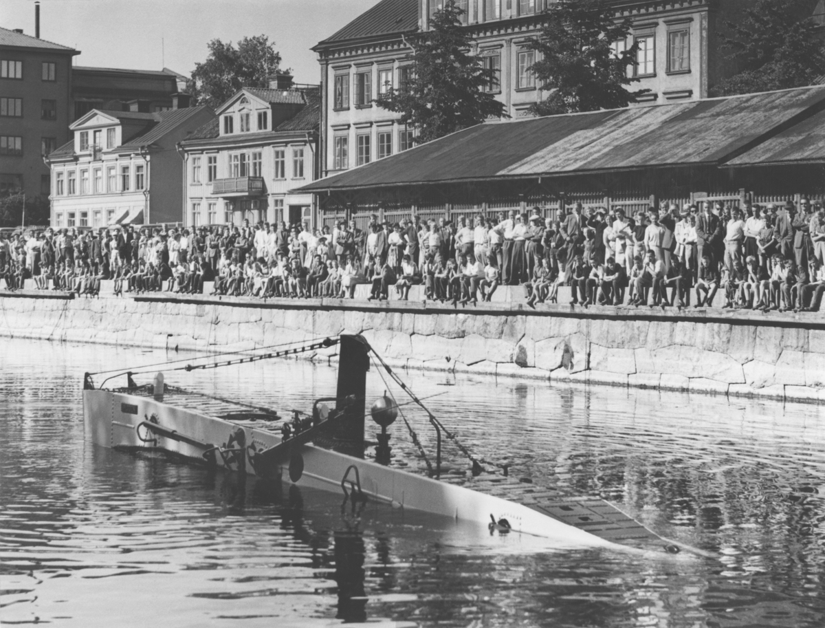 U-båten Spiggen.
Ulf Peder Olrogs visa "Att segla uppför Fyrisån uti en undervattensbåt..." fick idag (1959-07-01) förnyad aktualitet i och med att marinledningen lät ubåten Spiggen göra en fransk visit i Uppsala, där den möttes av stora människomassor.
Bilden visar ubåten som kommer upp till ytan efter ett kort besök på Fyris leriga botten.