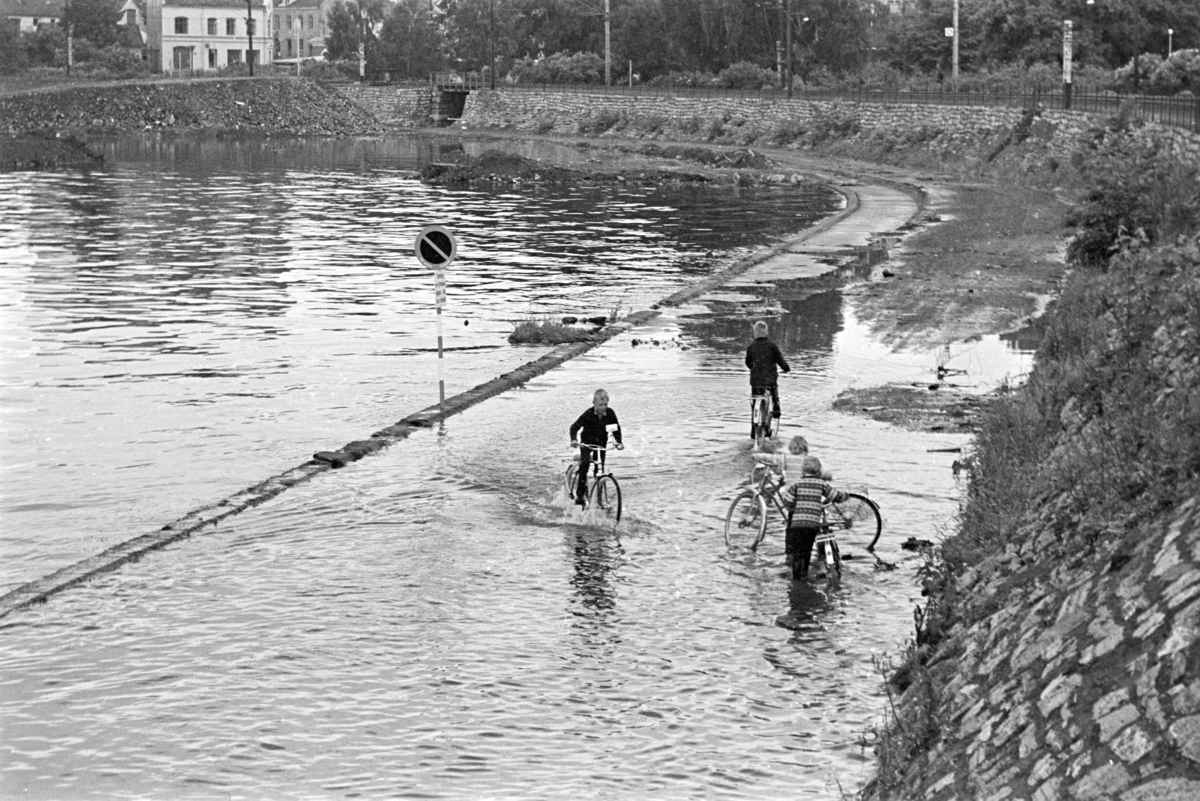 Mjøsa, flom, barn, sykkel, lek, Hamar.