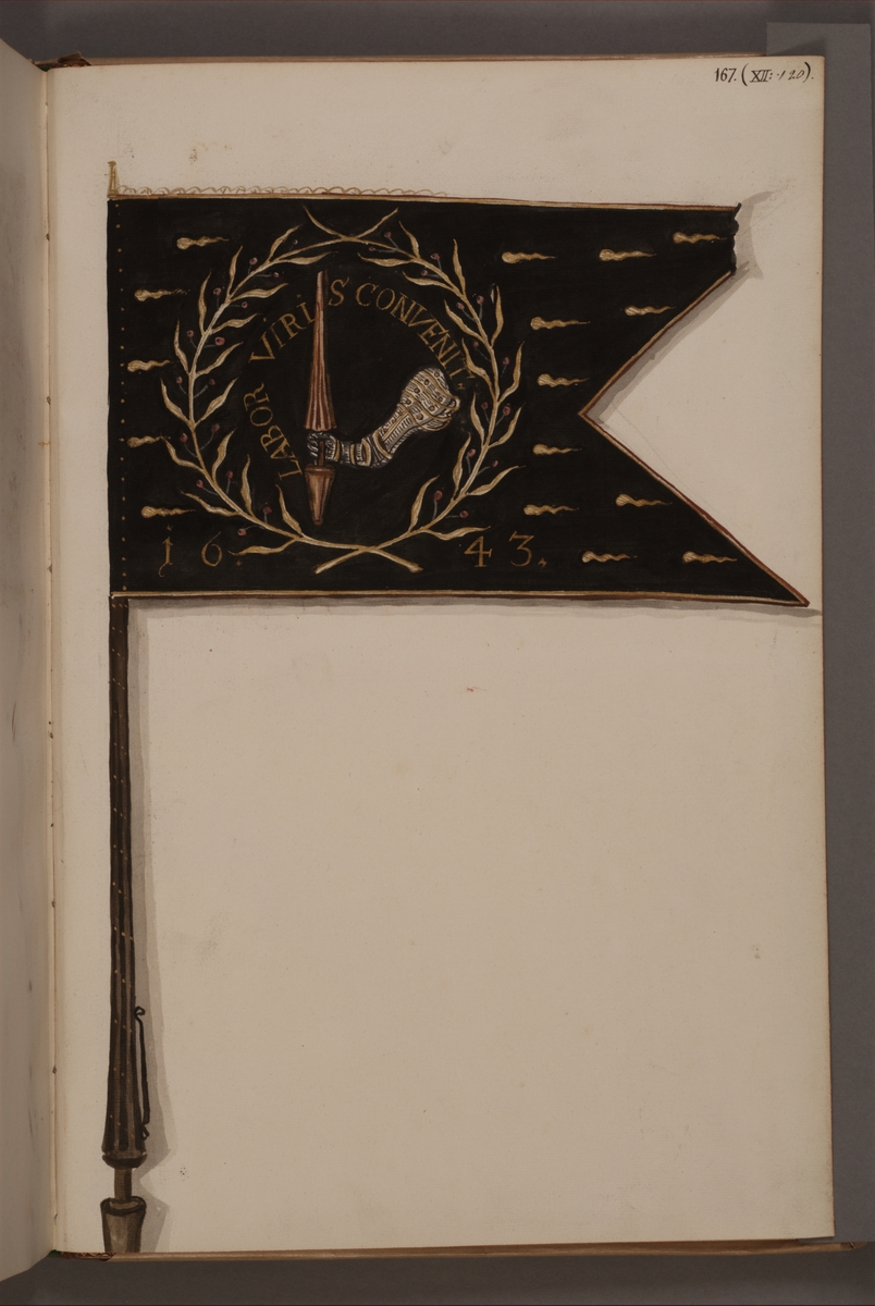 Avbildning i gouache föreställande fälttecken taget som trofé av svenska armén. Den avbildade fanan finns bevarad i Armémuseums samling, för mer information, se relaterade objekt.