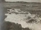 Naturbild på havet med vågor som slår mot strandklippor.