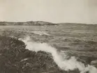 Naturbild på havet med kraftiga vågor som slår mot strandklippor.