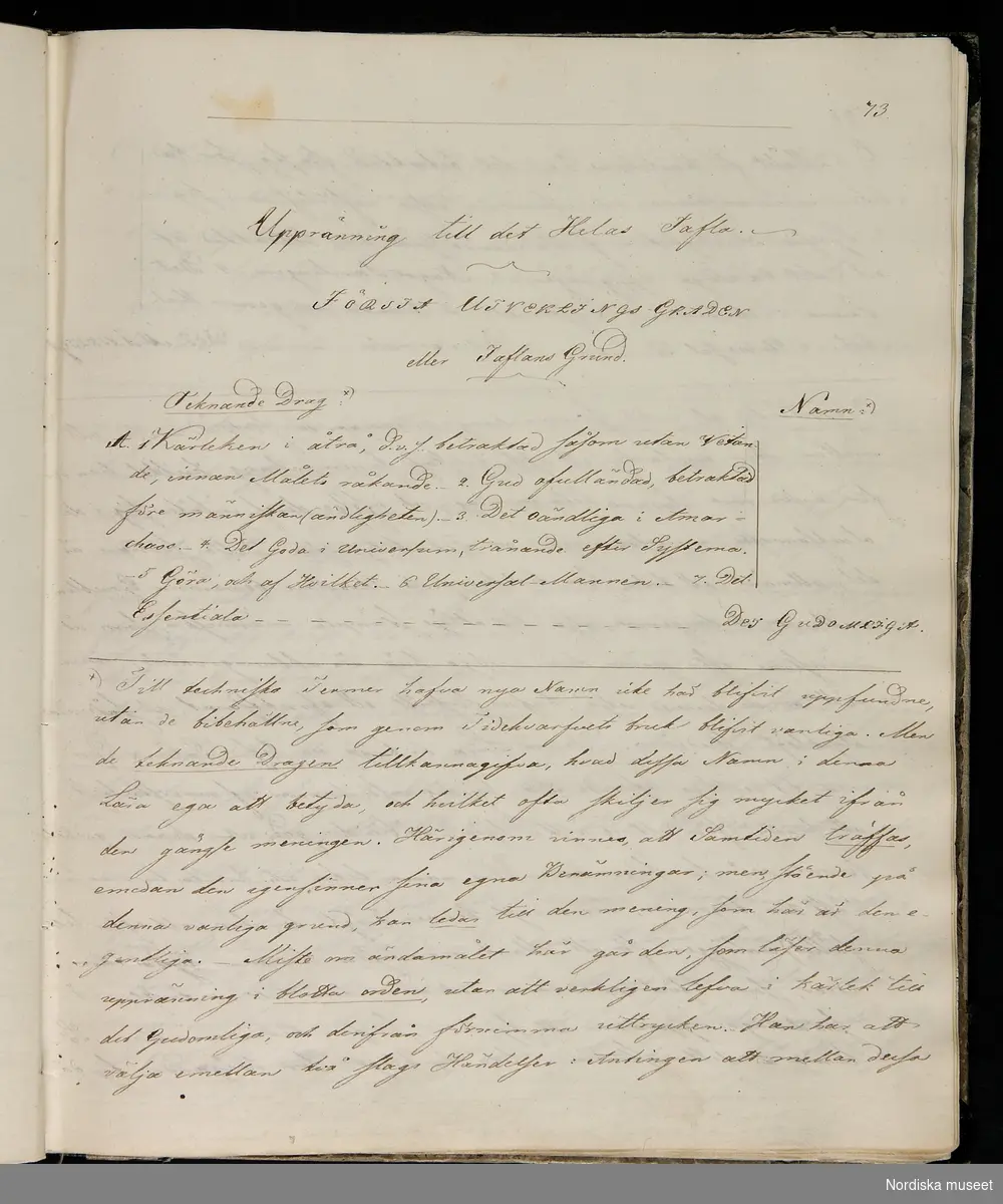 "Almqvist, Carl Jonas Ludvig (Love). Född 27/11 1793. Död 26/9 1866. Om det hela.Pag. 73 med texten ”FÖRSTA UTVEKLINGSGRADEN eller Taflans Grund.........”N.M. 22.477" Handskrift.