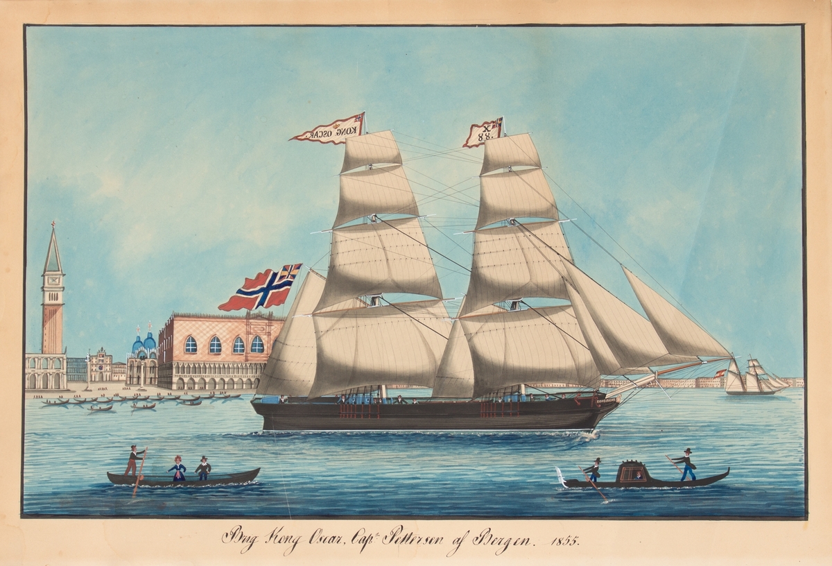 Briggen KONG OSCAR foran Markusplassen i Venezia. I masten flagg med X88 og skipets navn, samt det norske flagg med unionsmerke i akter.