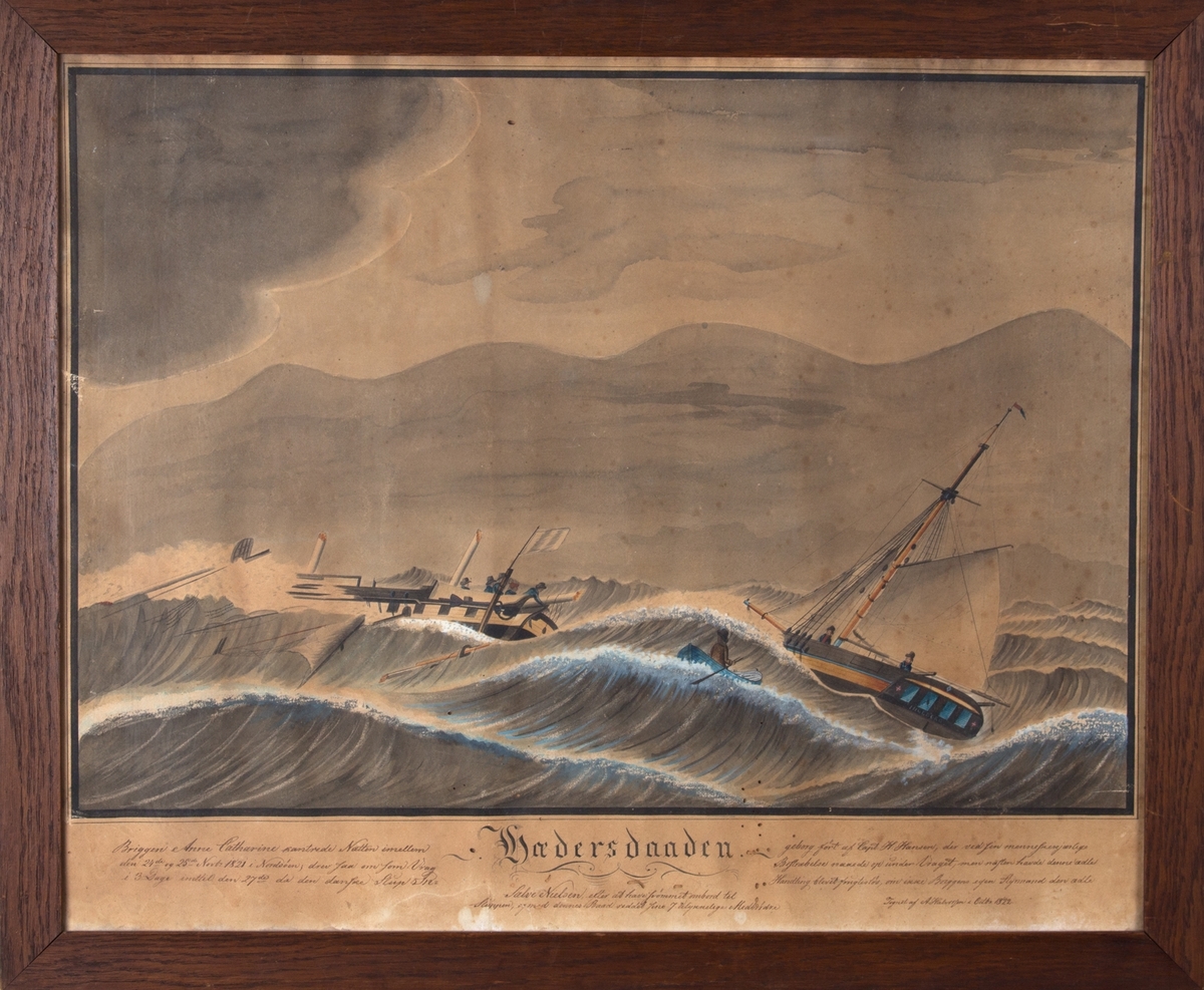 Skipsbilde av skonnertbrigg ANNA CATHARINE,  kantret i Nordsjøen natten til 25.11.1821 og drev som vrak i 3 døgn inntil den danske sluppen INGEBORG med fører H. Hansen kom til unnsetning. De klarte ikke å borde skipet, men ANNA CATHARINEs styrmann Salve Nielsen svømte over til sluppen og klarte slik å redde sine 7 kamerater fra skipet.