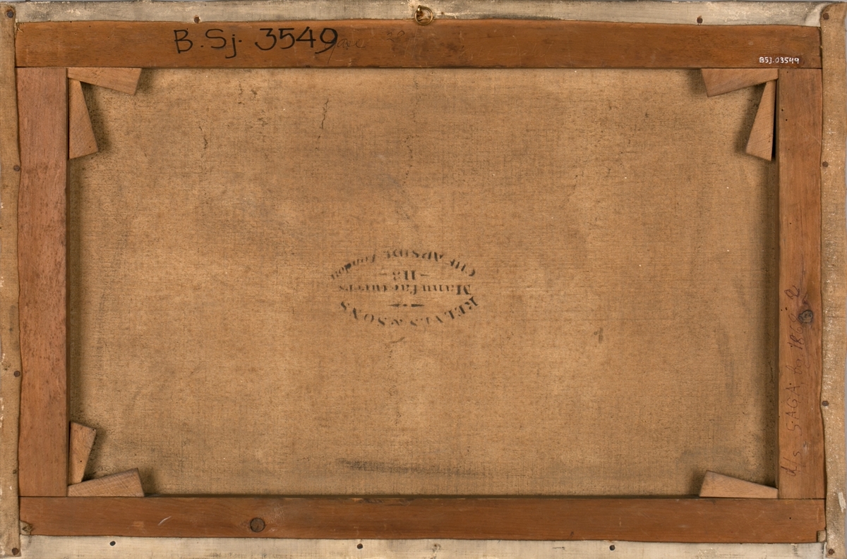 Skipsportrett trolig av DS SAGA, bygget i Newcastle i 1868. Bildet viser skipet idet det kommer en skonnert i havsnød til unsetning. Opprørt sjø.