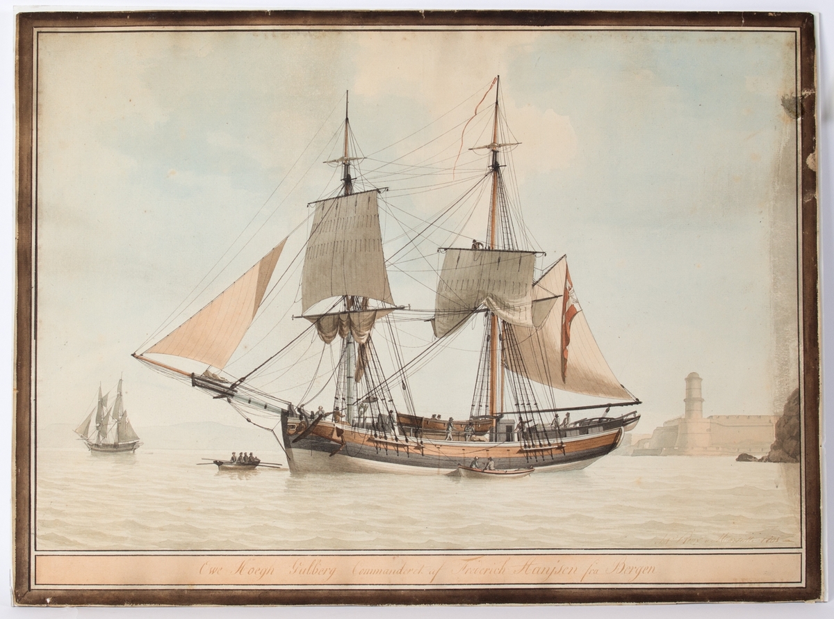 Briggen OWE HOEGH GULBERG under delvis seilføring, festningen i Marseille i bakgrunnen. I akter av skipet henger Dannebrog flagg med C7 i midten